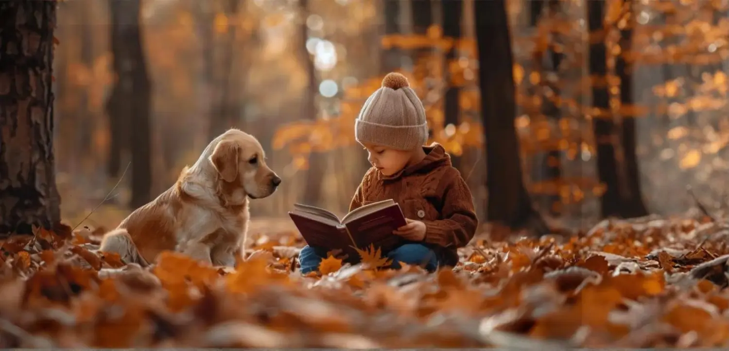Hund und ein Kind lesen ein Buch im Wald im Freien